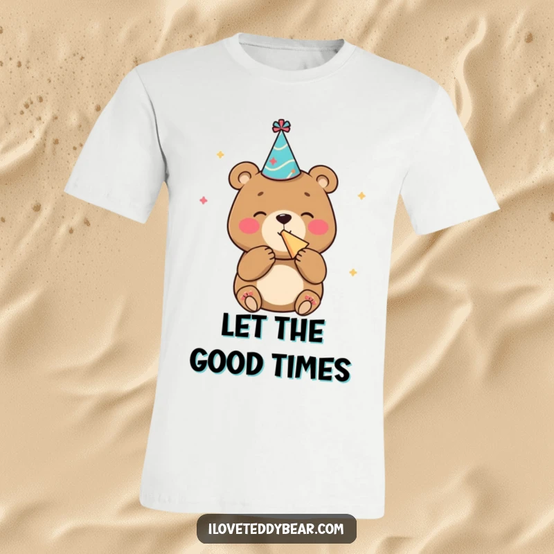 Funny t-shirt of a bear wearing a small party hat, blowing a noisemaker with infectious glee, a fun gift.