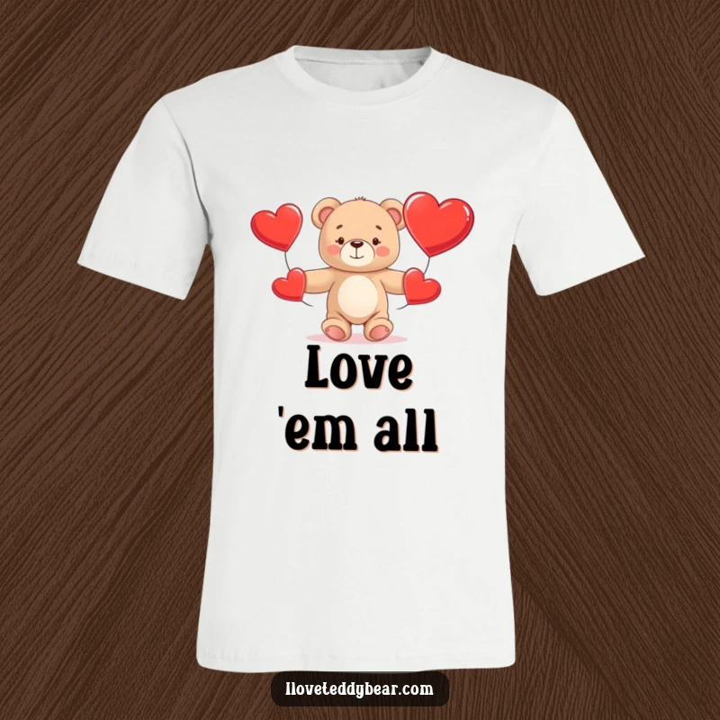 Funny Teddy Bear T-Shirt depicting a cute brown bear comically juggling three large red hearts, symbolizing affection and humor.