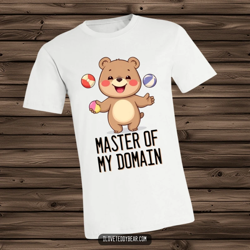 Funny t-shirt with a cheerful bear confidently juggling three bright balls, radiating happiness and a sense of playful accomplishment.