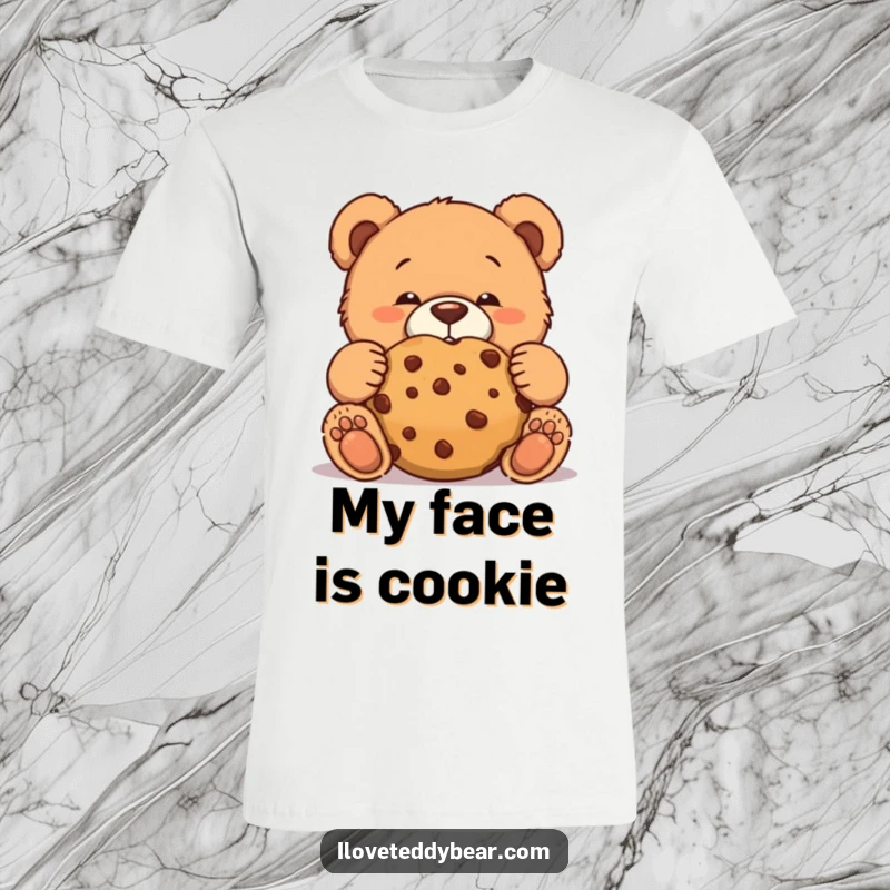 Funny teddy bear t-shirt with a bear making a funny face while trying to eat a giant cookie discreetly.