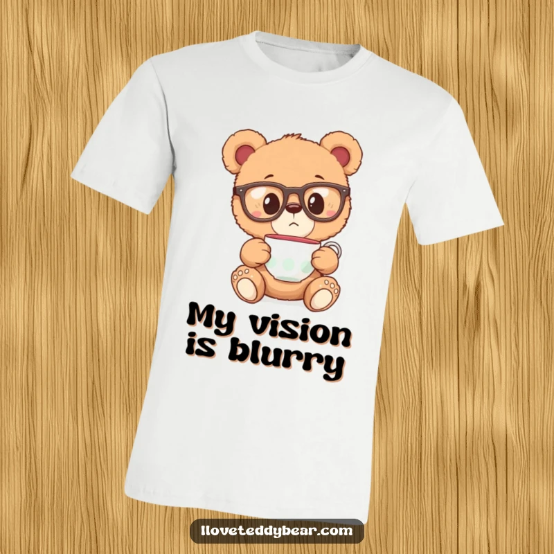 Funny t-shirt featuring a teddy bear in big glasses, eyes wide with surprise at a levitating teacup, capturing wondrous moments.