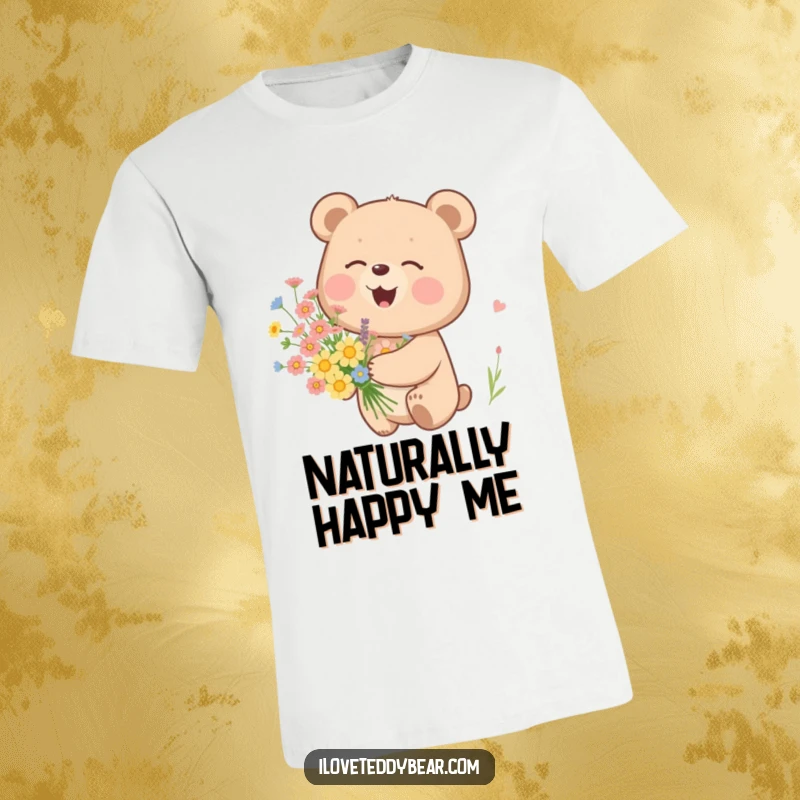 Funny t-shirt showing a bear with a blissful giggle, holding a bouquet of wildflowers, symbolizing joy and nature's beauty.