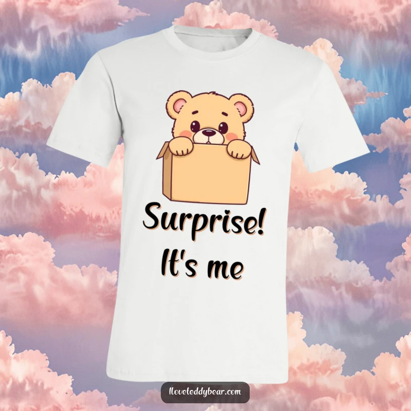Funny t-shirt with a teddy bear peeking from behind a box, conveying a comical surprise and playful mood, great for gifts.