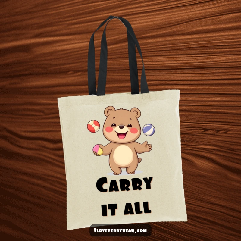 Funny tote bag featuring a smiling bear in the midst of juggling, symbolizing fun and effortless carrying for daily adventures.