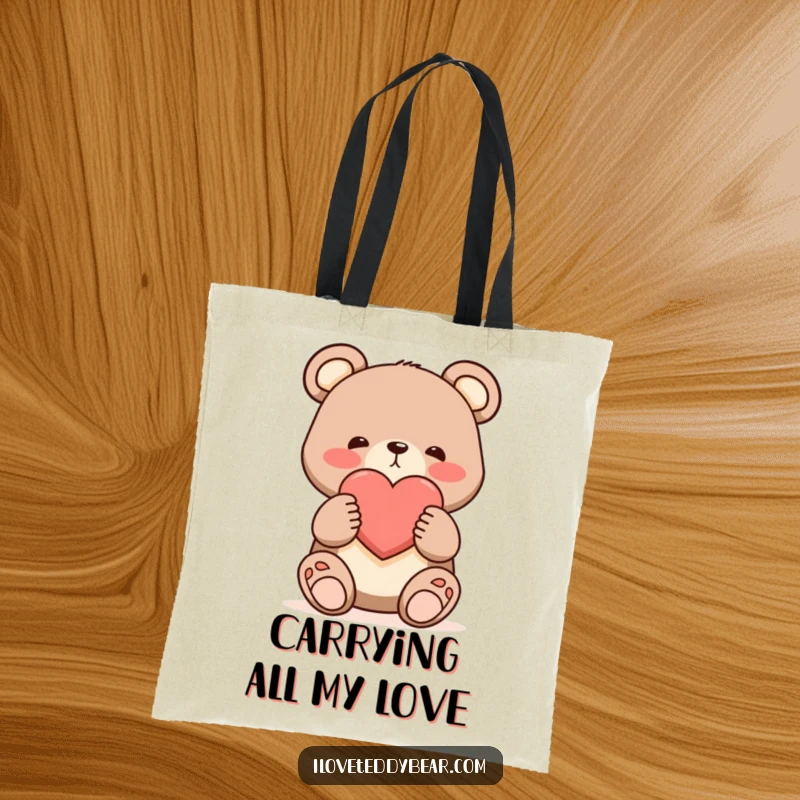 Funny shy bear tote bag, bear offering a single large heart with a blush, cute cartoon art, romantic accessory.
