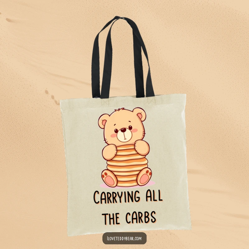 Funny tote bag with a chubby teddy bear trying to balance pancakes, excellent for carrying necessities with a humorous touch.