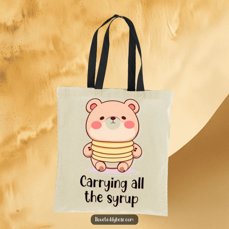 Funny pancake bear tote bag, round bear with rosy cheeks balancing pancakes, cute cartoon art, breakfast accessory.