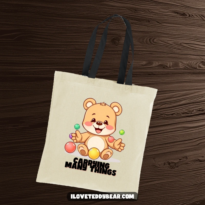 Funny tote bag showing a playful teddy bear with a mischievous grin juggling colorful marbles, a humorous and energetic design. A fabulous funny gift.