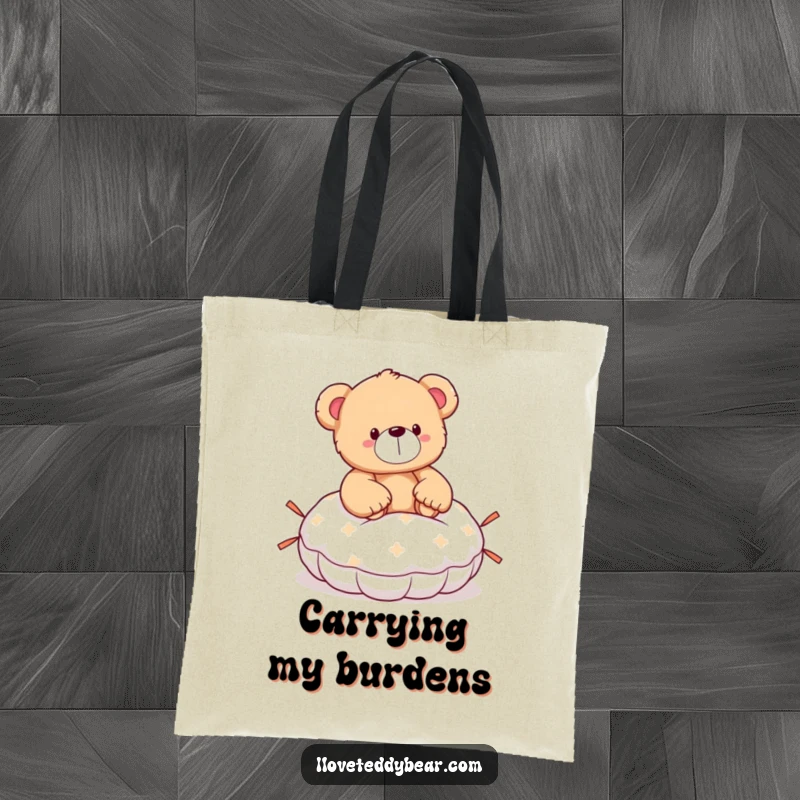 Funny teddy bear tote bag illustrating a bear with a shocked expression after sitting on a whoopee cushion, a humorous design.