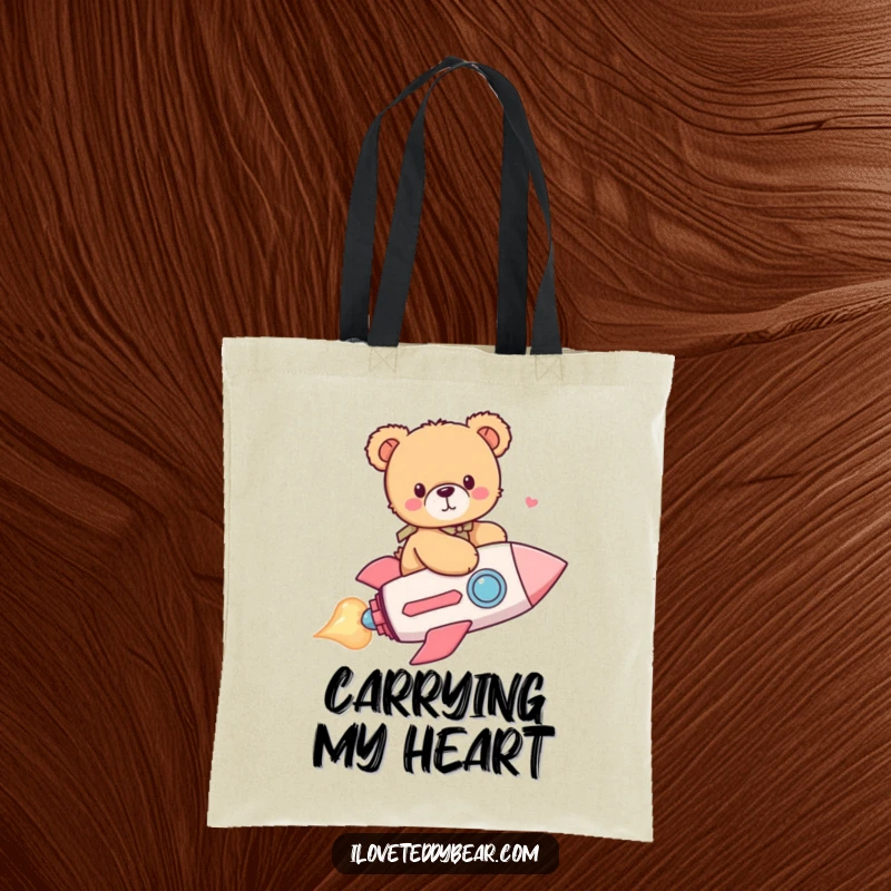 Funny tote bag featuring a cute teddy bear adventurer riding a heart-shaped rocket, ready to explore new destinations with joy.