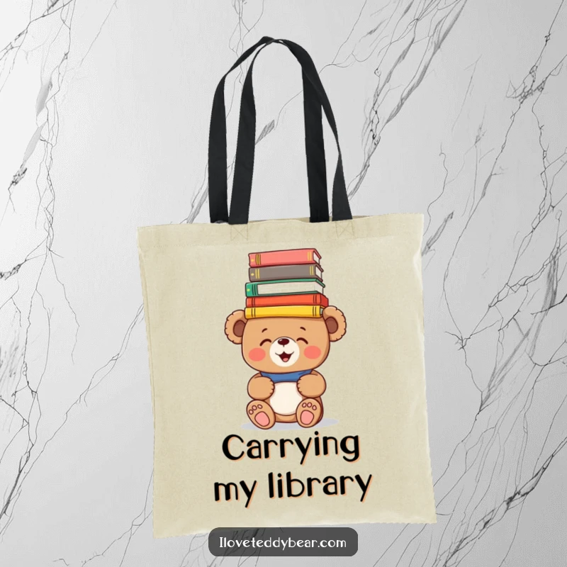 Funny Tote Bag: A giggling teddy bear precariously balances a pile of colorful books on its head, perfect for bookish adventures.