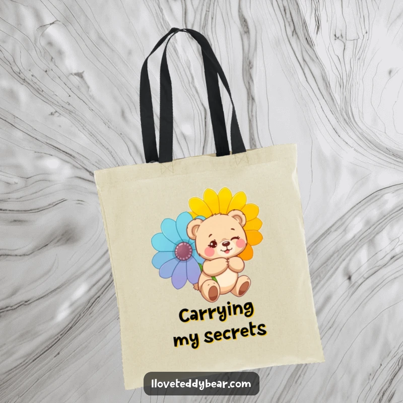 Funny tote bag showing a teddy bear winking mischievously, holding a giant flower behind its back, perfect for carrying items with a secret charm.