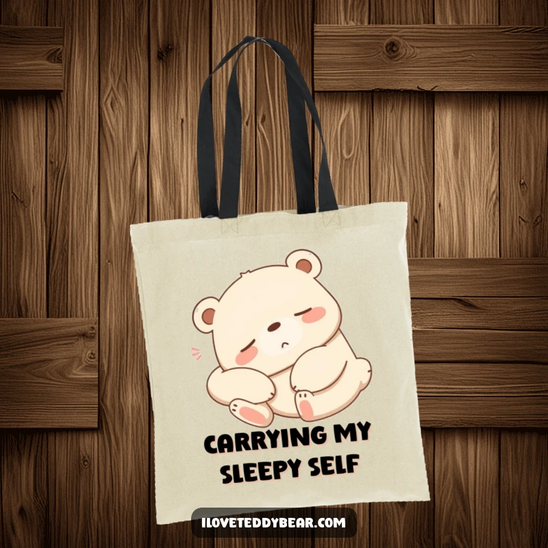 Funny sleepy bear tote bag, bear stretching lazily with a contented sigh, calm cartoon art, everyday accessory.