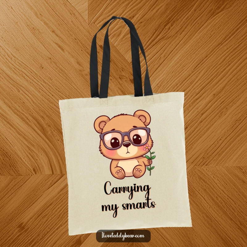Funny tote bag with a bear in oversized glasses looking with delightful surprise at a tiny, colorful flower.