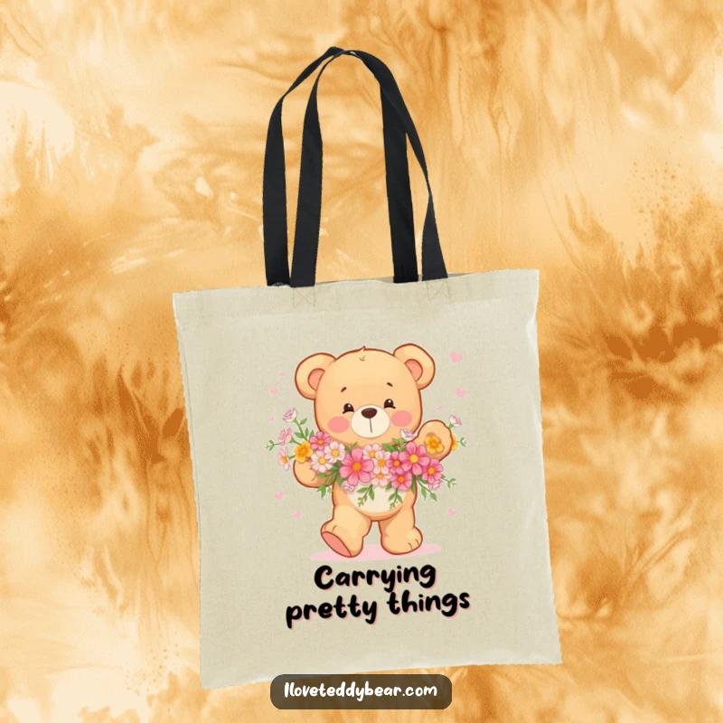 Funny Teddy Bear Tote Bag with a happy bear dancing with a bouquet of flowers, practical for shopping and cheerfully vibrant.