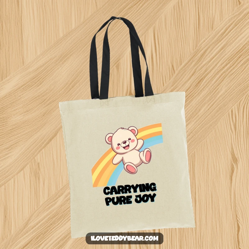 Funny Teddy Bear Tote Bag with a grinning bear sliding down a colorful rainbow, practical for carrying and cheerful.