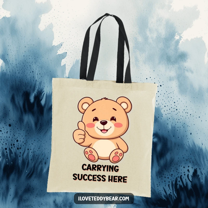 Funny tote bag with a teddy bear giving a thumbs up and a toothy smile, symbolizing encouragement and a positive attitude.