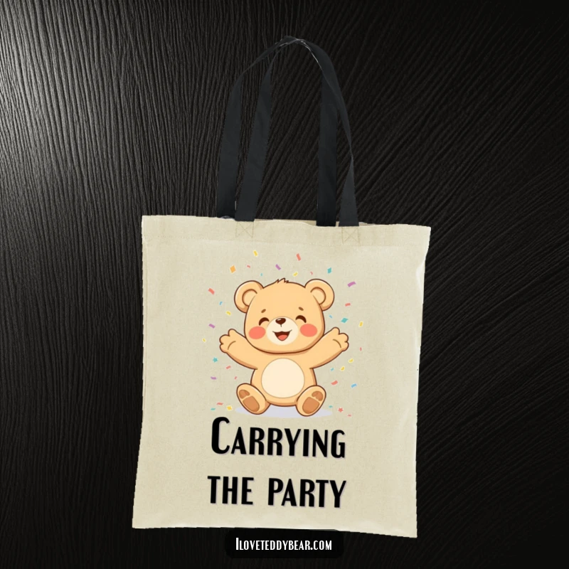Funny teddy bear character joyfully throwing confetti, elegantly designed on a durable tote bag for celebration enthusiasts.