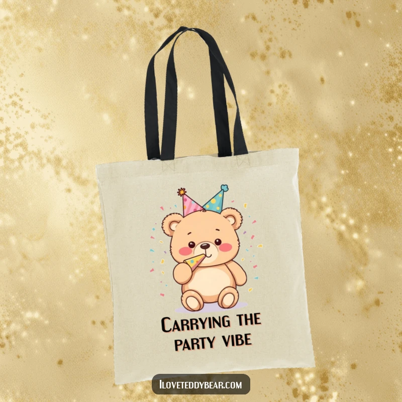 Funny Tote Bag: Plump teddy bear with a party hat blowing a confetti horn, showcasing a vibrant and cheerful celebration vibe for your errands.