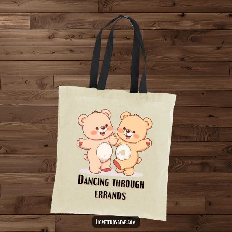 Funny Teddy Bear Tote Bag: A tote bag depicting two teddy bears dancing sillily, one with a comical grin, for carrying essentials with humor.