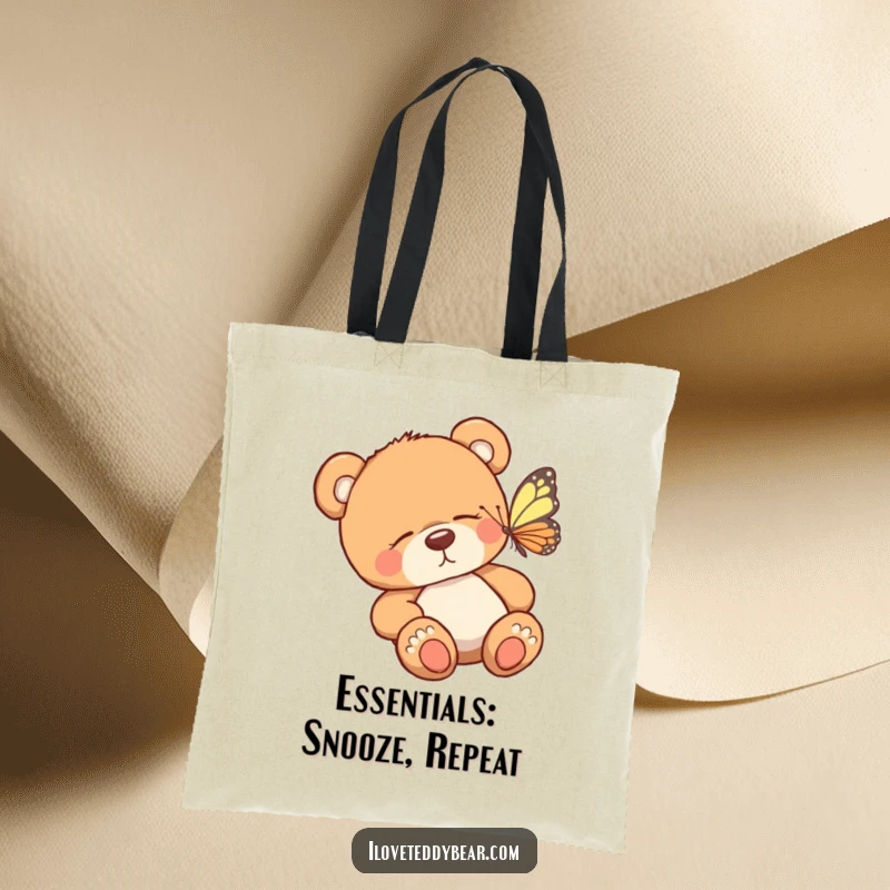 Funny tote bag featuring a sleepy teddy bear and a fluttering butterfly, perfect for carrying books and groceries with a touch of humor.