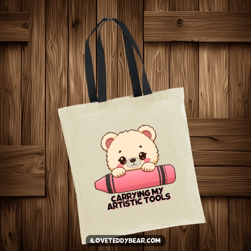 Funny bear tote bag, fluffy bear peeking from behind a giant crayon, wide-eyed curiosity, artistic and practical.