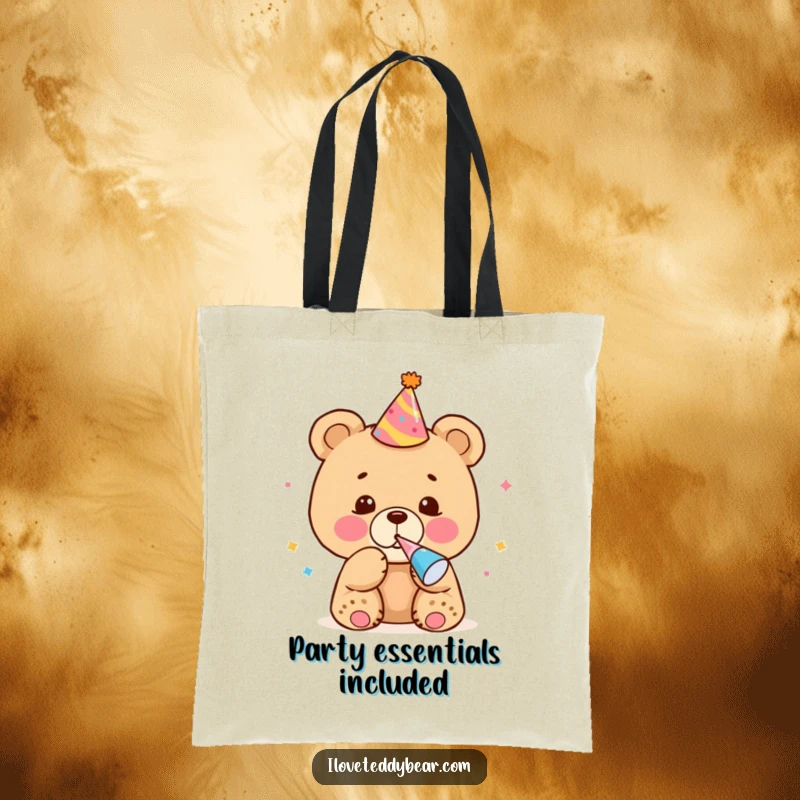 Funny Tote Bag with a bear cub in party attire blowing a noisemaker, ideal for carrying festive items with humor.