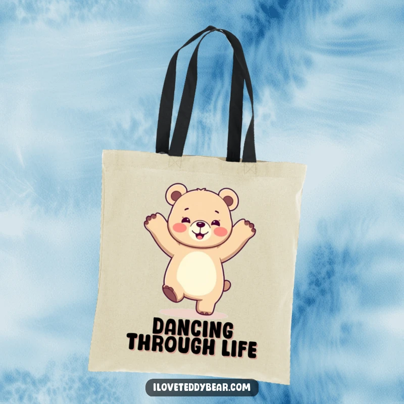 Funny tote bag featuring a bear in a jubilant dancing pose with its arms up, perfect for carrying items with flair.
