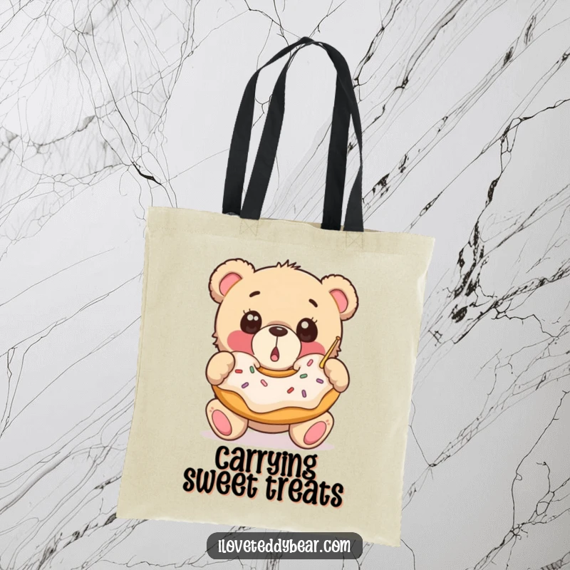 Funny Tote Bag: A surprised teddy bear with wide eyes is catching a large, falling donut, offering a whimsical and delicious visual.