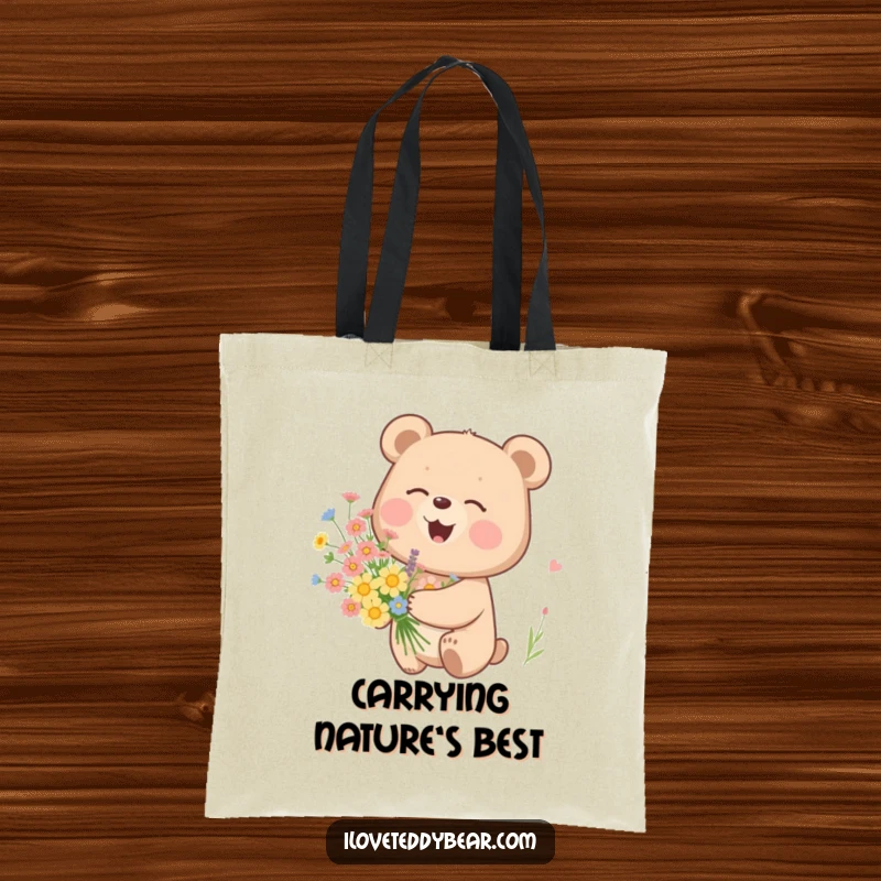 Funny tote bag featuring a happy bear giggling while holding wildflowers, ideal for carrying daily items with a smile.