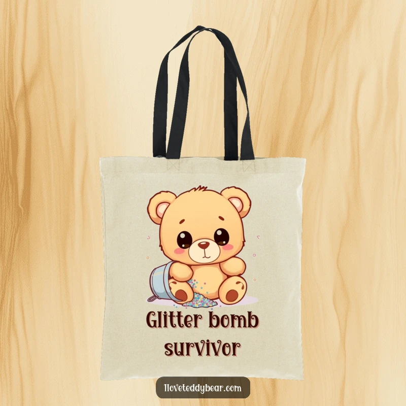 Funny tote bag showing a teddy bear with wide eyes, spilling a bucket of glitter, perfect for carrying items with a playful, sparkly theme.