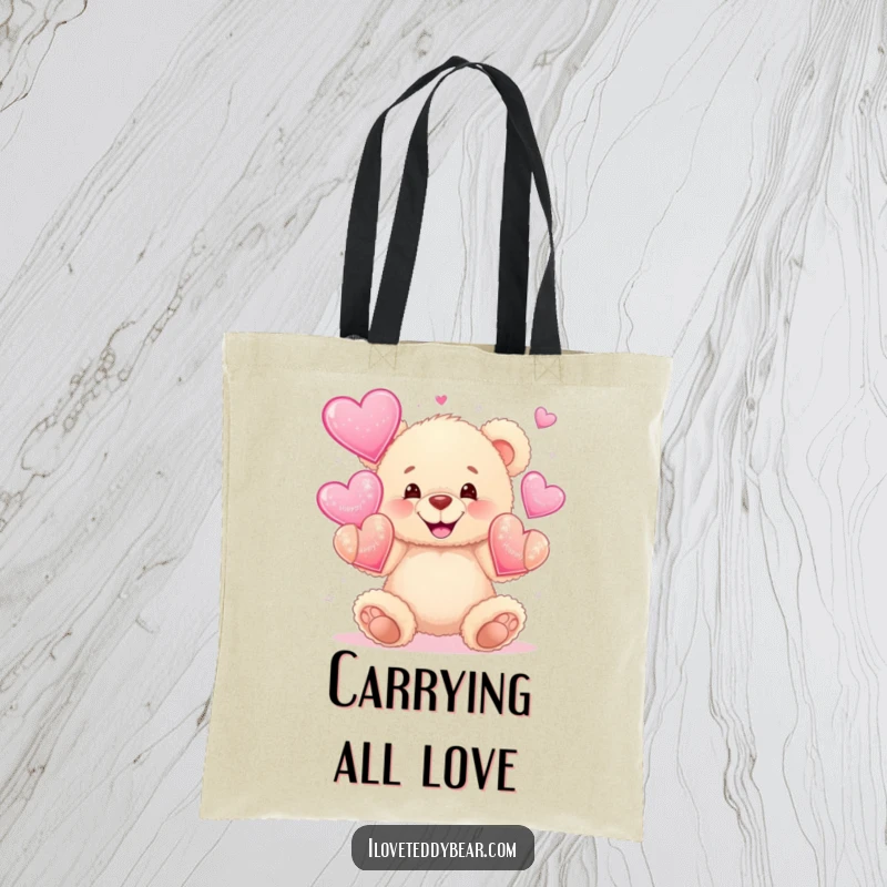 Funny tote bag with a fluffy teddy bear wide grinning while juggling sparkly hearts, perfect for carrying daily items with love.