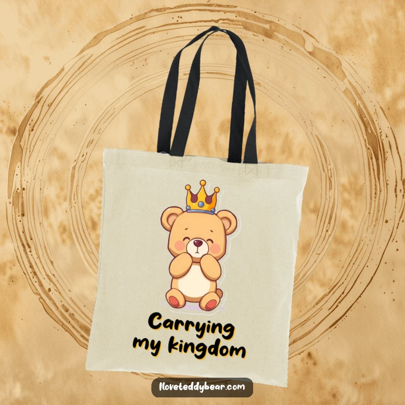 Funny tote bag featuring a teddy bear in a crown, bowing dramatically, ideal for carrying items with a humorous and regal touch.