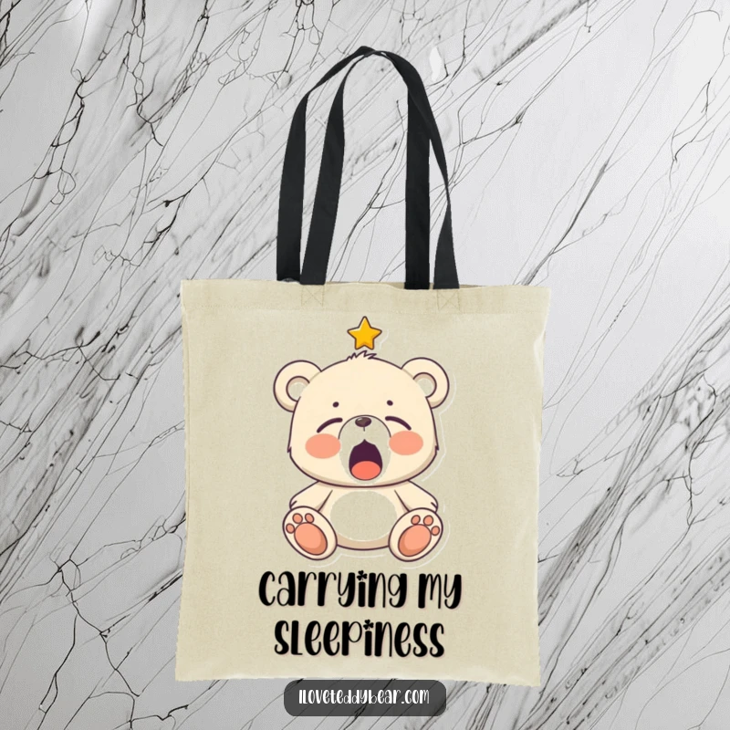 Funny Sleepy Teddy Bear Tote Bag: A teddy bear yawning peacefully under a twinkling star, perfect for carrying daily necessities.
