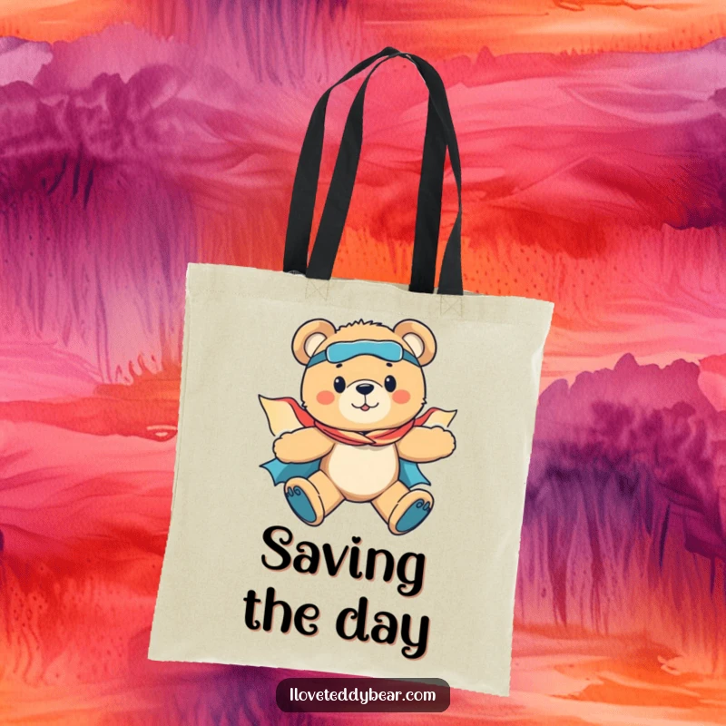 Funny tote bag illustrating a brave teddy bear superhero flying powerfully through the sky, ready to carry your belongings with heroic flair.