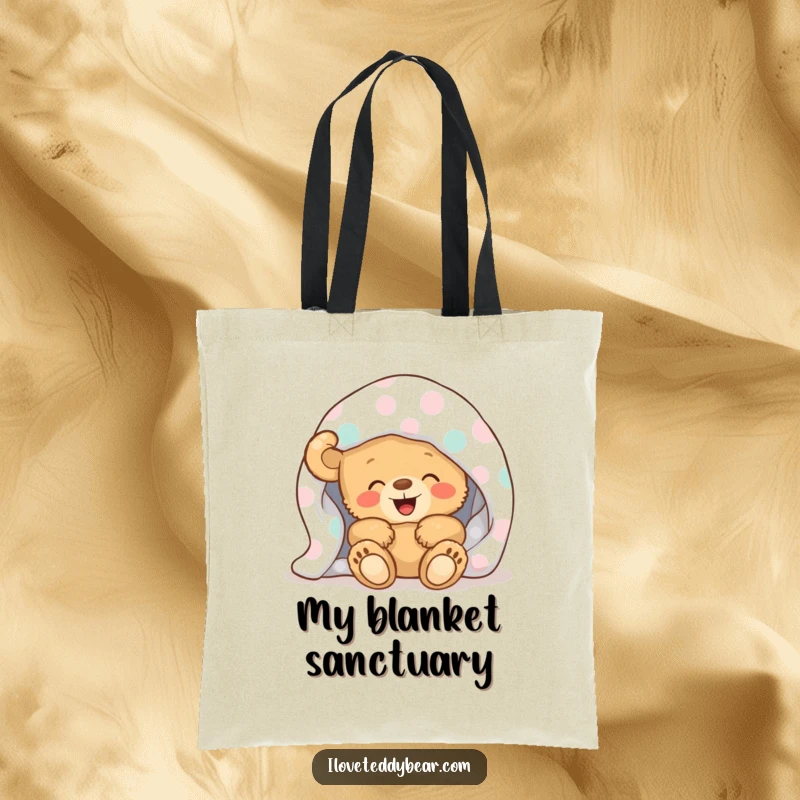 Funny Tote Bag with a teddy bear giggling from beneath a fun polka-dot blanket, perfect for carrying your items with a smile.