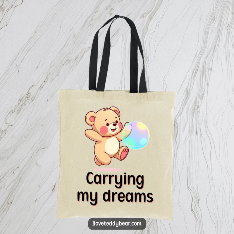 Funny Teddy Bear Tote Bag: Teddy bear gleefully chasing a large, iridescent bubble, capturing a moment of pure joy.