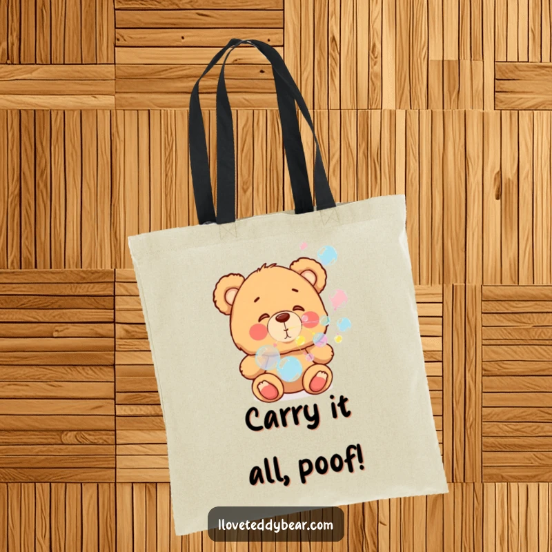 Funny tote bag with a teddy bear blowing colorful bubbles, showcasing a cheerful and playful design, perfect for shopping.