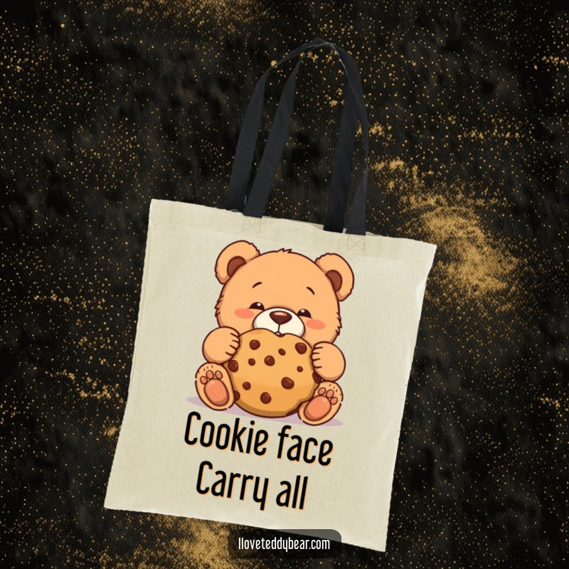Funny teddy bear tote bag with a bear making a funny face while trying to eat a giant cookie discreetly.
