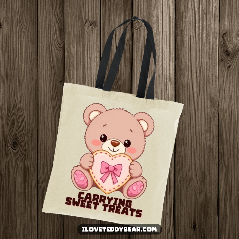 Funny Teddy Bear Cookie Tote Bag: Teddy bear proudly presents a heart cookie with a bow, perfect for carrying sweet gifts.