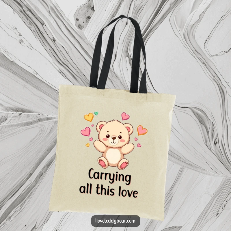 Funny Teddy Bear Tote Bag: A tote bag with a teddy bear juggling hearts, ideal for carrying essentials while spreading love and cheer.