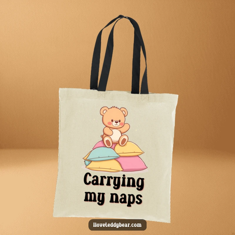 Funny tote bag illustrating a cute teddy bear playfully tumbling onto a mountain of soft pillows, capturing a moment of sweet mishap.