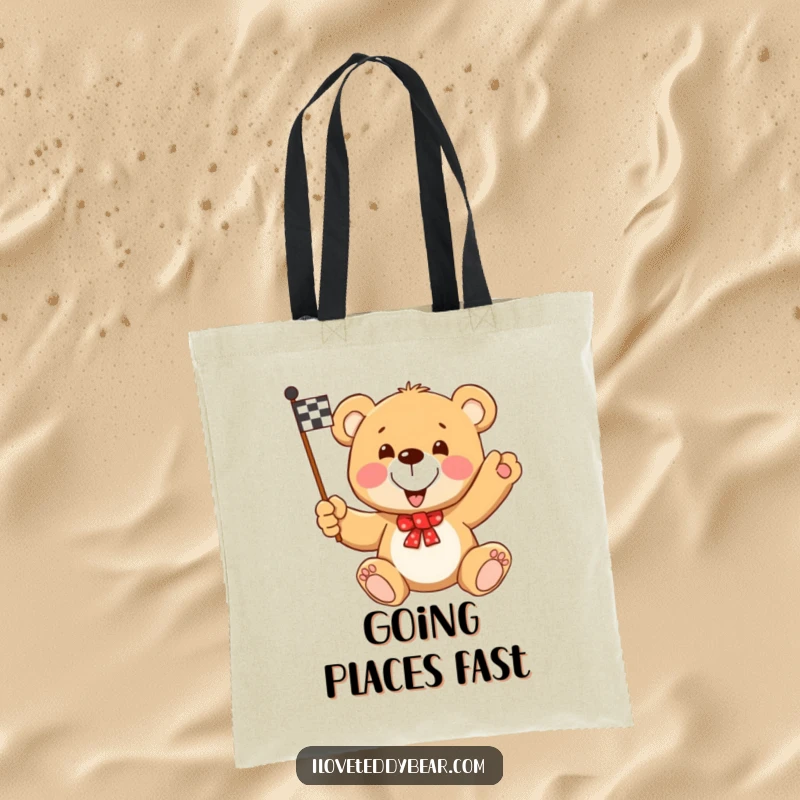 Funny Teddy Bear Racing Flag Tote Bag: Teddy bear determinedly waves a checkered flag, perfect for carrying victory essentials.
