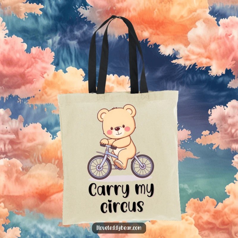 Funny Tote Bag with a determined but wobbling teddy bear trying its best to balance on a tiny unicycle, perfect for daily use.