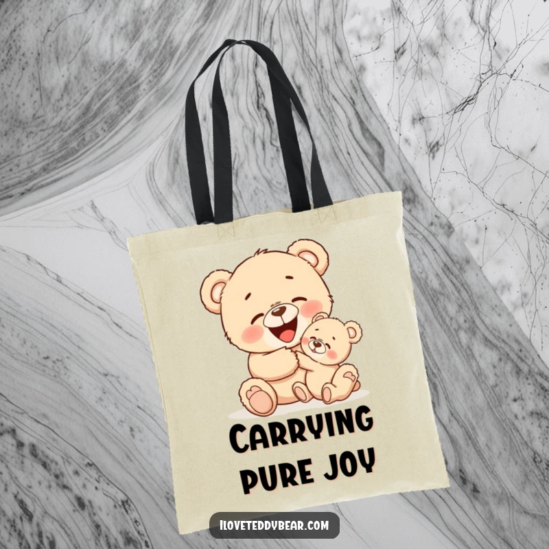 Funny tote bag illustrating two teddy bears engaged in a playful tickle fight, exuding pure joy and infectious laughter.