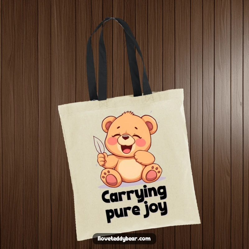 Funny Tickled Teddy Bear Tote Bag: A durable bag featuring a teddy bear giggling uncontrollably from a feather tickle, perfect for carrying joy, ideal funny gift.