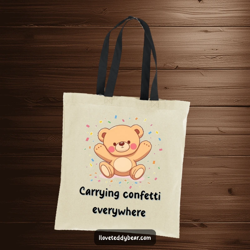 Funny tote bag illustrating a teddy bear tripping and scattering confetti, perfect for carrying essentials with a dose of humor.
