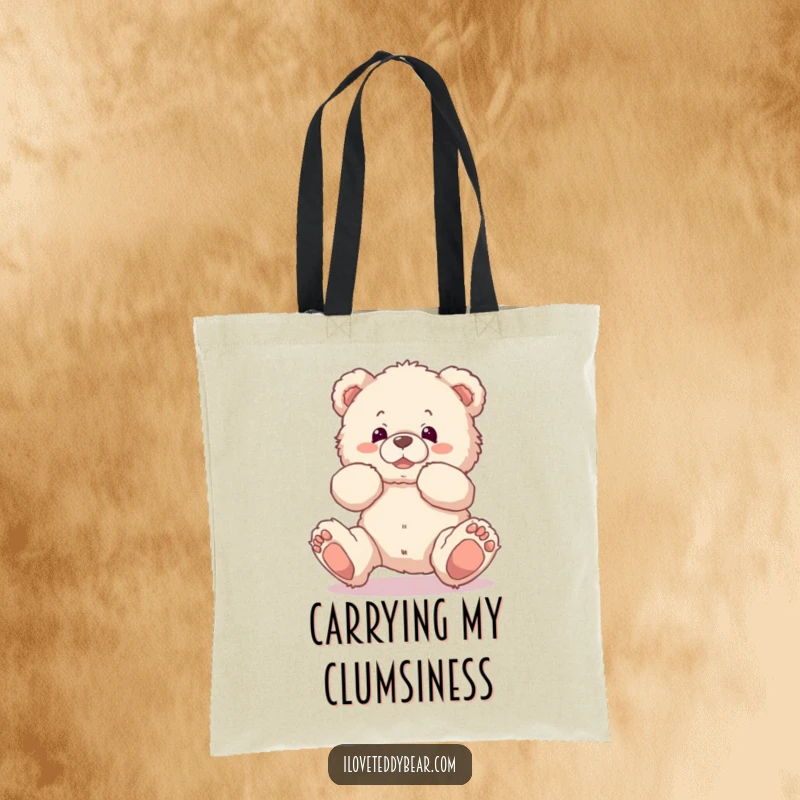 Funny tote bag depicting a fluffy teddy bear comically tripping over its own feet, symbolizing relatable clumsiness and lightheartedness.