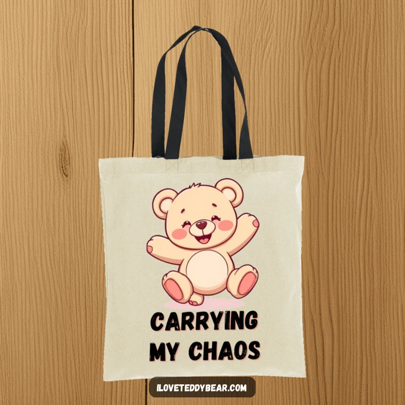 Funny tote bag illustration of a happy teddy bear doing a shaky cartwheel. Ideal for carrying items with a humorous touch.