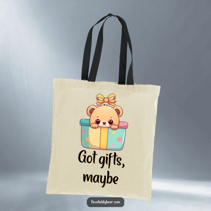 Funny tote bag design with a bear peeking with wide eyes from behind a huge, colorful present.